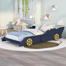 Load image into Gallery viewer, iRerts Twin Size Race Car Bed Frame with Wheels, Wood Twin Platform Bed Frame with Support Slats, Twin Bed Frame for Kids Boys Girls Teens Bedroom, No Box Spring Needed, Blue/Yellow
