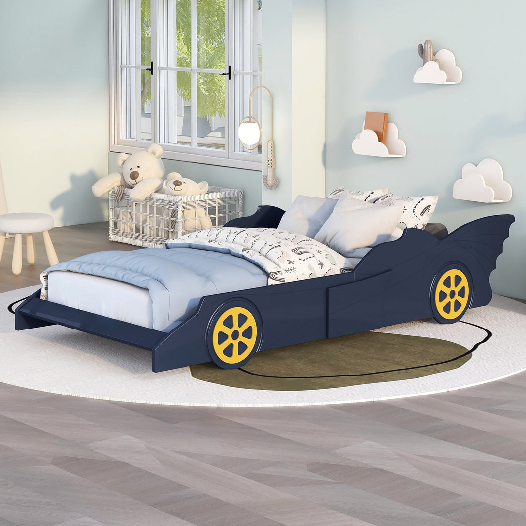iRerts Twin Size Race Car Bed Frame with Wheels, Wood Twin Platform Bed Frame with Support Slats, Twin Bed Frame for Kids Boys Girls Teens Bedroom, No Box Spring Needed, Blue/Yellow
