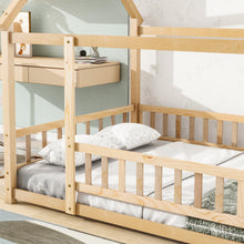 Load image into Gallery viewer, iRerts Full Bed Frame Floor Bed, Wooden Kids Full Bed Frame with House Roof Frame, Floor Full Bed Frame for Toddlers Girls Boys Bedroom, House Floor Bed Frame with Fence Guardrails, Nartural
