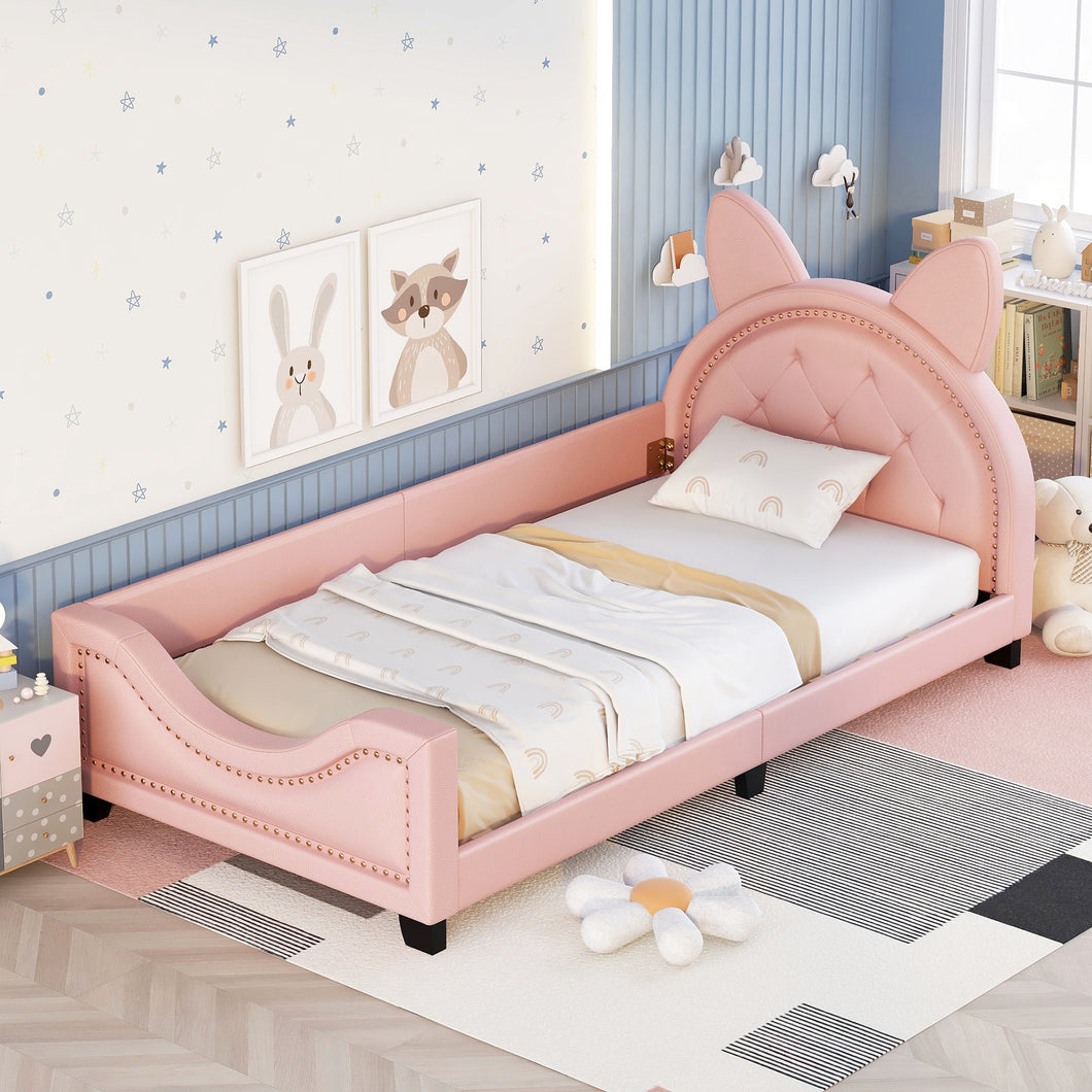 iRerts Twin Bed Frame, Cute Twin Size Upholstered Daybed with Cartoon Ears Headboard, Wood Daybed Platform Bed Frame for Kids Teens, Twin Platform Bed for Bedroom, No Box Spring Needed, Pink