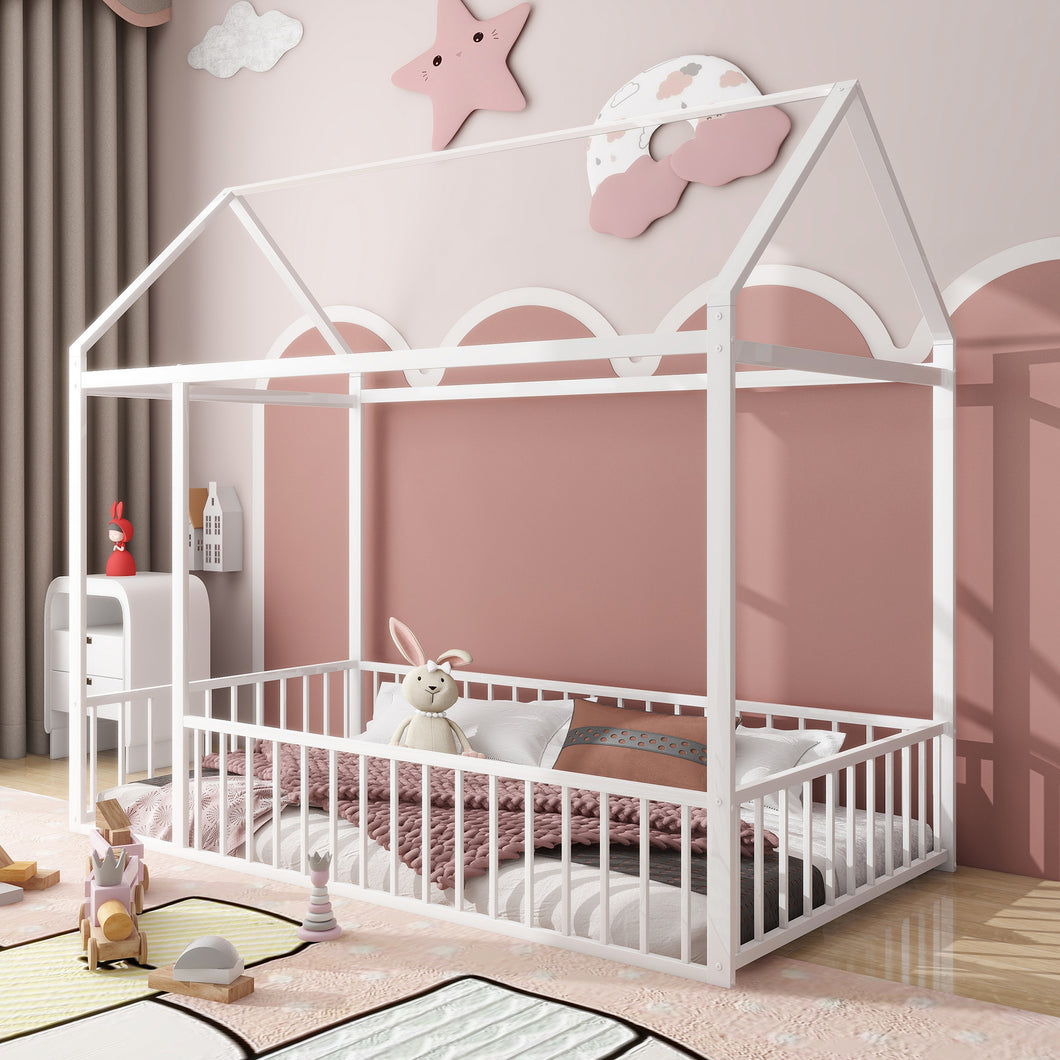 iRerts Floor Twin Bed Frame, Metal Twin Size Bed Frame for Girls Boys, Twin Bed Frame with House Roof Frame and Fence Guardrails, Toddler House Twin Bed Frame for Kids Bedroom Living Room, White