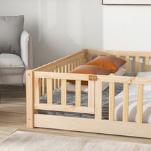 Load image into Gallery viewer, iRerts Queen size Floor Platform Bed, Wood Queen Floor Bed Frame for Kids Toddlers, Low Floor Queen Size Bed Frame with Fence Guardrail, kids Queen Bed for Boys Girls, No Box Spring Needed, Natural
