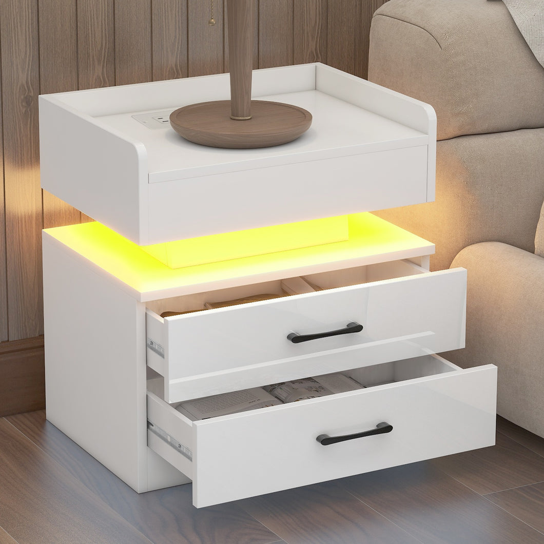 Modern Night Stand with LED Lights and Charging Station, Nightstand with Storage Drawers and Remote Control, With Adjustable 16-Color LED Lights