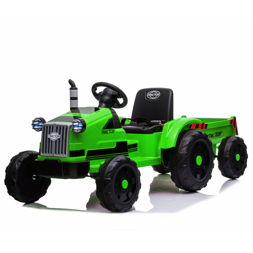 iRerts Green 12 V Powered Ride on Tractor Car with Trailer & Remote Control, LED Lights, USB Port, MP3 Player