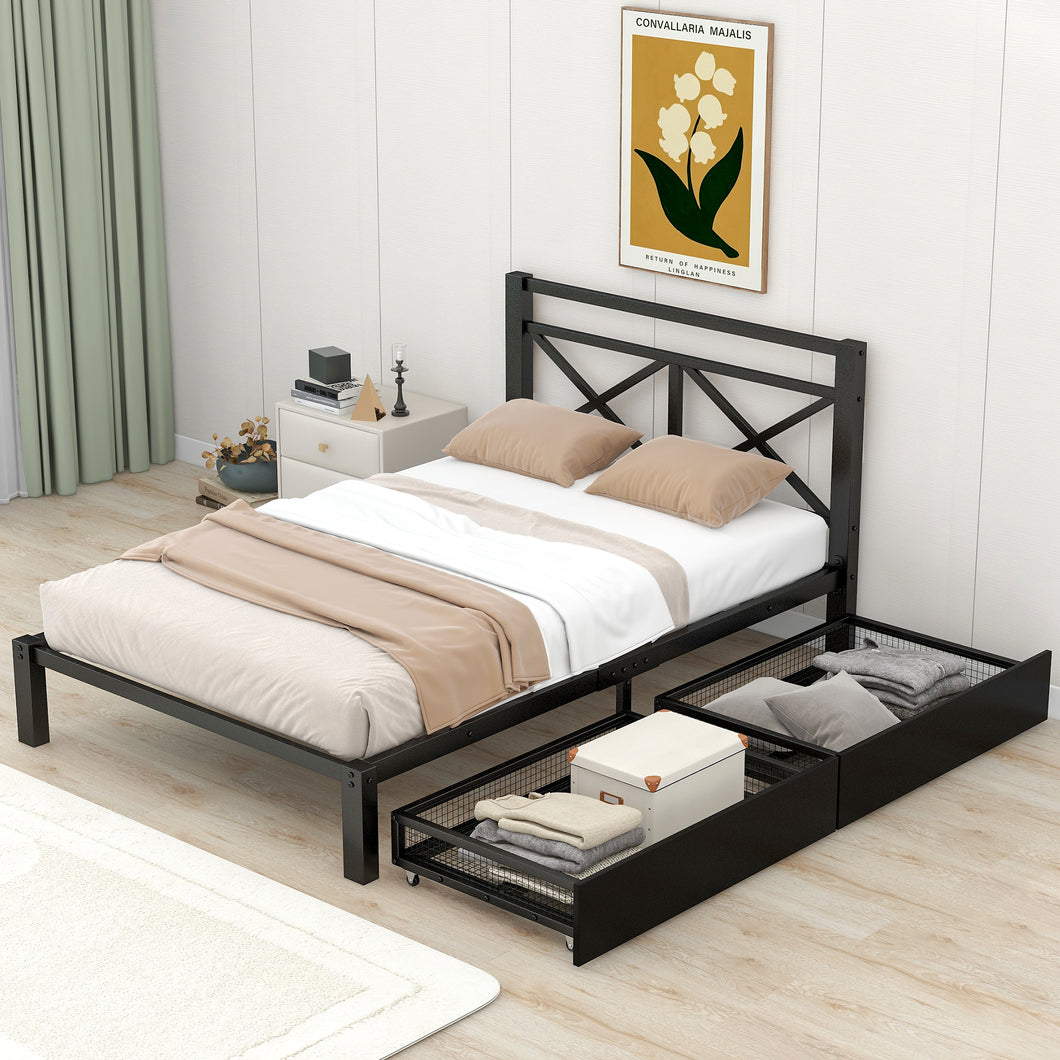 iRerts Metal Twin Platform Bed Frame with Storage Drawers, Modern Twin Bed Frame with Headboard for Adults Kids Teens, Metal Slats Twin Size Bed Frames for Bedroom, No Box Spring Needed, Black