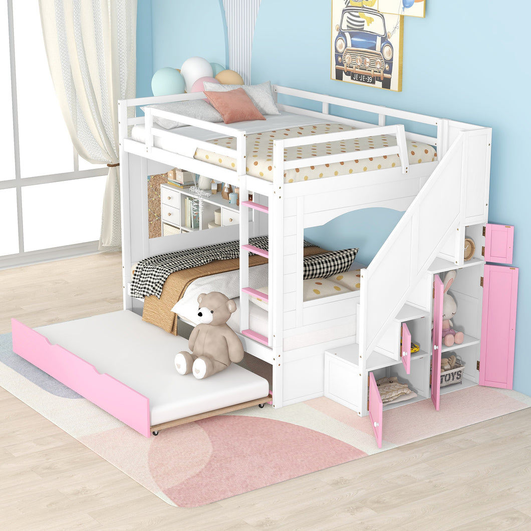 iRerts Wood Bunk Bed Full over Full, Modern Full Over Full Bunk Bed with Trundle, Storage Cabinet, Stairs and Ladders, Full Bunk Beds for Kids Teens Adults Bedroom, White/Pink