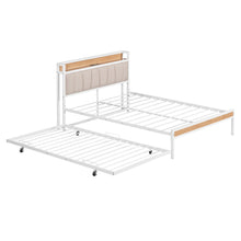 Load image into Gallery viewer, iRerts Metal Full Platform Bed Frame with Trundle, Industrial Full Bed Frame with Storage Upholstered Headboard, USB Ports, Socket, Full Size Bed Frame No Box Spring Needed for Bedroom, White
