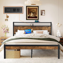 Load image into Gallery viewer, iRerts Full Platform Bed Frame with Storage, Metal Full Bed Frame with USB Ports, Storage Headboard, No Box Spring Needed, Industrial Bed Frame Full Size for Bedroom, Black Brown
