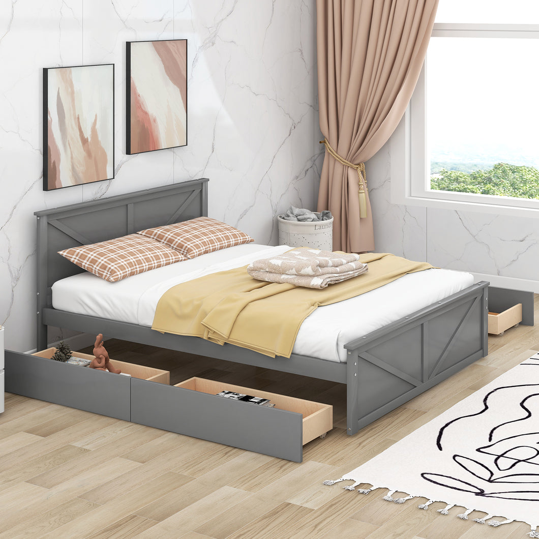 iRerts Queen Bed Frame with Headboard, Solid Wood Queen Platform Bed Frame with Storage Drawers, Slats Support and Support Legs, Modern Queen Size Bed Frame No Box Spring Needed for Bedroom, Gray