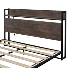 Load image into Gallery viewer, iRerts Queen Bed Frame with Socket, Industrial Metal Queen Platform Bed Frame with Storage Shelf Headboard, No Box Spring Needed, Queen Size Bed Frames for Bedroom, Mocha Wood
