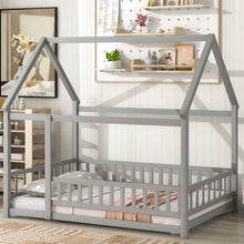 Load image into Gallery viewer, iRerts Full Bed Frame Floor Bed, Wooden Kids Full Bed Frame with House Roof Frame, Floor Full Bed Frame for Toddlers Girls Boys Bedroom, House Floor Bed Frame with Fence Guardrails, Gray
