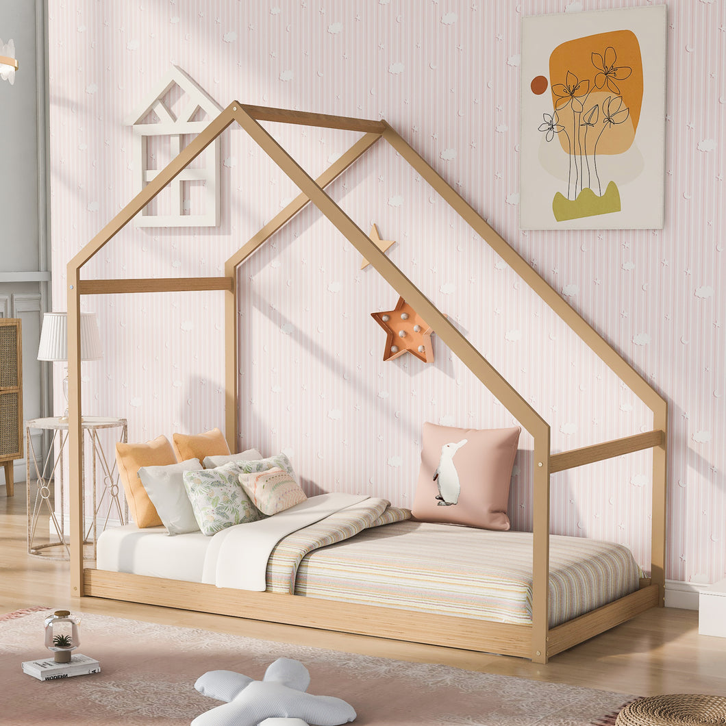 iRerts Twin House Bed with Roof, Wood Kids Twin Bed Frame House Bed, Toddler House Bed Frame for Boys Girls, Twin Floor Bed Frame for Kids Bedroom Living Room, Natural