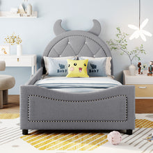 Load image into Gallery viewer, iRerts Twin Size Upholstered Daybed Frame for Kids, Teddy Fleece Twin Platform Bed Frame with OX Hor Shaped Headboard and Footboard, Wood Twin Size Sofa Bed for Girls Boys, Gray
