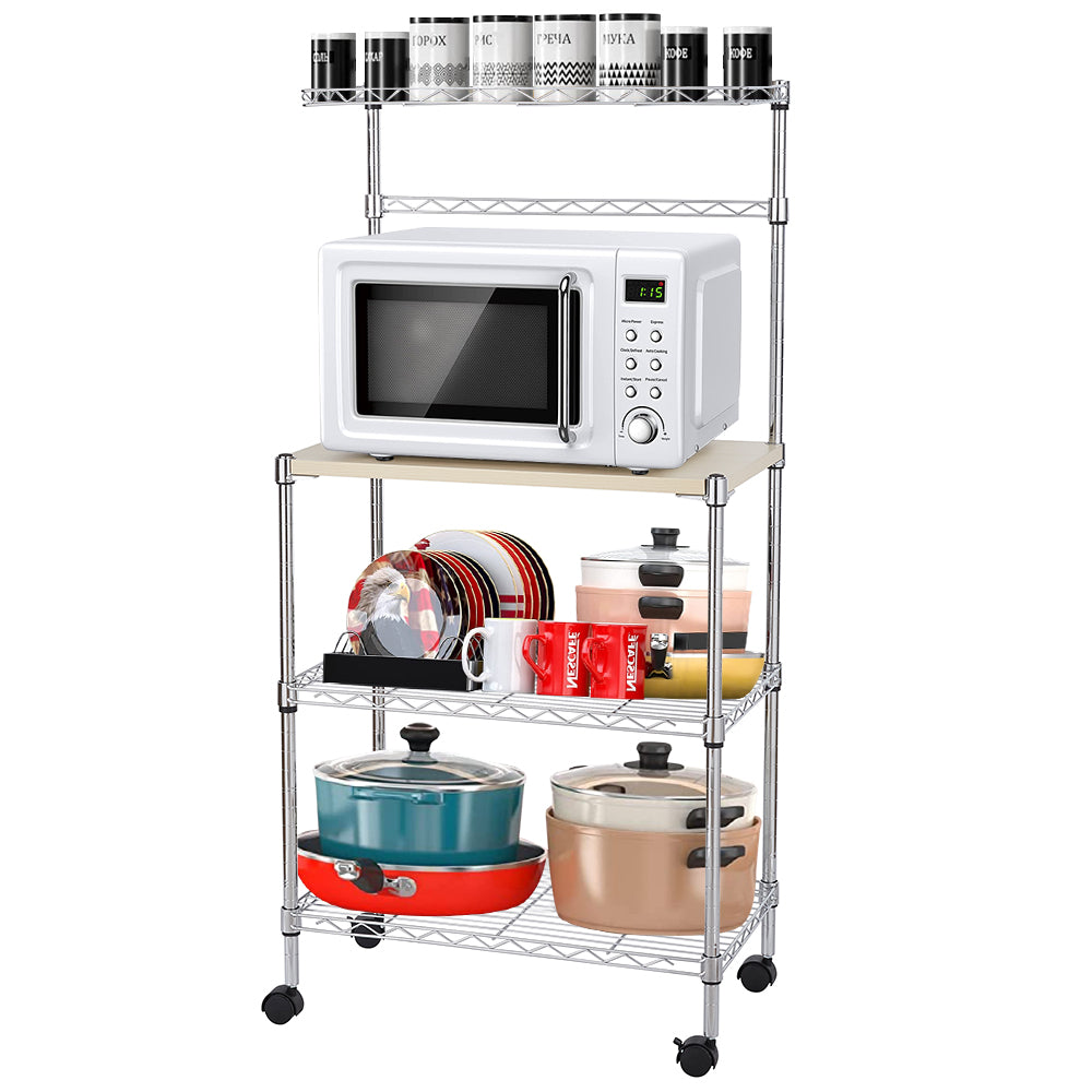 Metal Kitchen Bakers Rack, iRerts 4 Tier Metal Kitchen Organization Shelf Rack with Wheels, Adjustable Shelves and Wood Table, Microwave Oven Stand Coffee Bar Table Station for kitchen Office, Silver