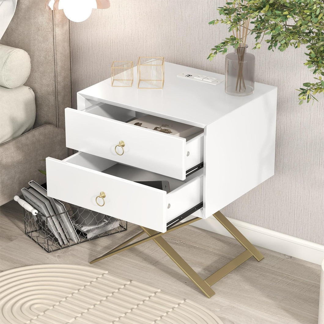 iRerts Side Table with Charging Station, Wood Nightstand with Drawers, USB Charging Ports and Golden Handle, Modern Storage Bedside Table End Table for Bedroom Living Room, White