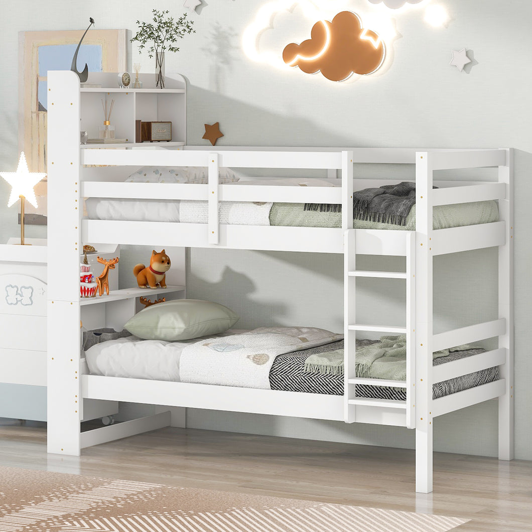 iRerts Wood Twin Bunk Bed, Twin Over Twin Bunk Beds with Bookcase Headboard, Can Be Converted into 2 Beds, Bunk Bed Twin Over Twin for Kids Teens Bedroom, No Box Spring Required, White
