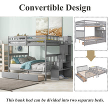Load image into Gallery viewer, iRerts Bunk Beds Full over Full, Wood Bunk Bed for Kids Teens Adults, Full Over Full Bunk Bed with 2 Drawers and Staircases, Convertible into 2 Beds, Modern Bunk Beds for Bedroom Dorm, Gray
