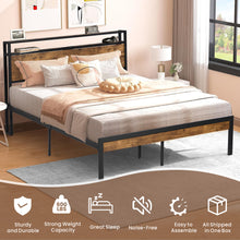 Load image into Gallery viewer, iRerts Full Platform Bed Frame with Storage, Metal Full Bed Frame with USB Ports, Storage Headboard, No Box Spring Needed, Industrial Bed Frame Full Size for Bedroom, Black Brown
