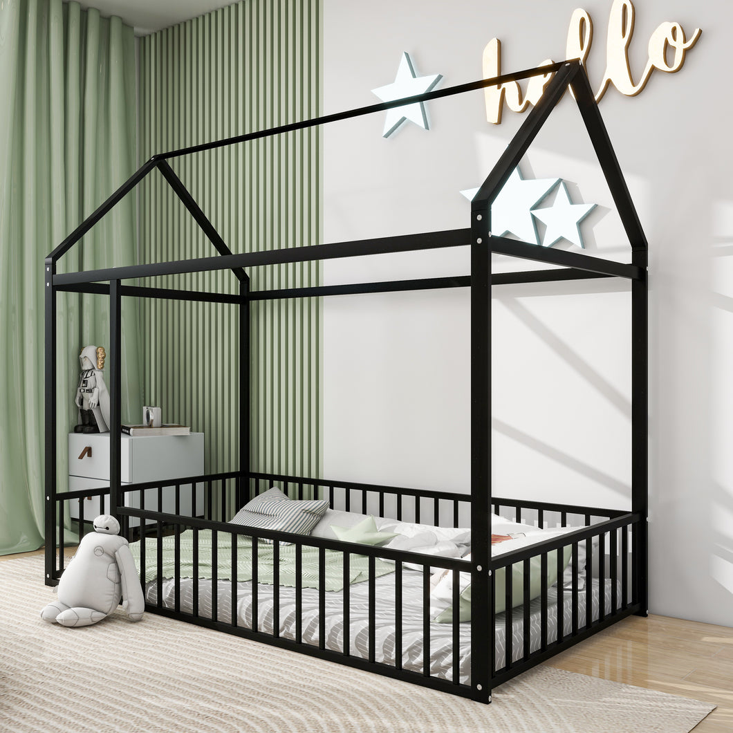 iRerts Floor Twin Bed Frame, Metal Twin Size Bed Frame for Girls Boys, Twin Bed Frame with House Roof Frame and Fence Guardrails, Toddler House Twin Bed Frame for Kids Bedroom Living Room, Black