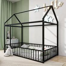 Load image into Gallery viewer, iRerts Twin Bed Frame Floor Bed, Metal Kids Twin Bed Frame with House Roof Frame, Floor Twin Bed Frame for Toddlers Girls Boys Bedroom, House Floor Bed Frame with Fence Guardrails, Black
