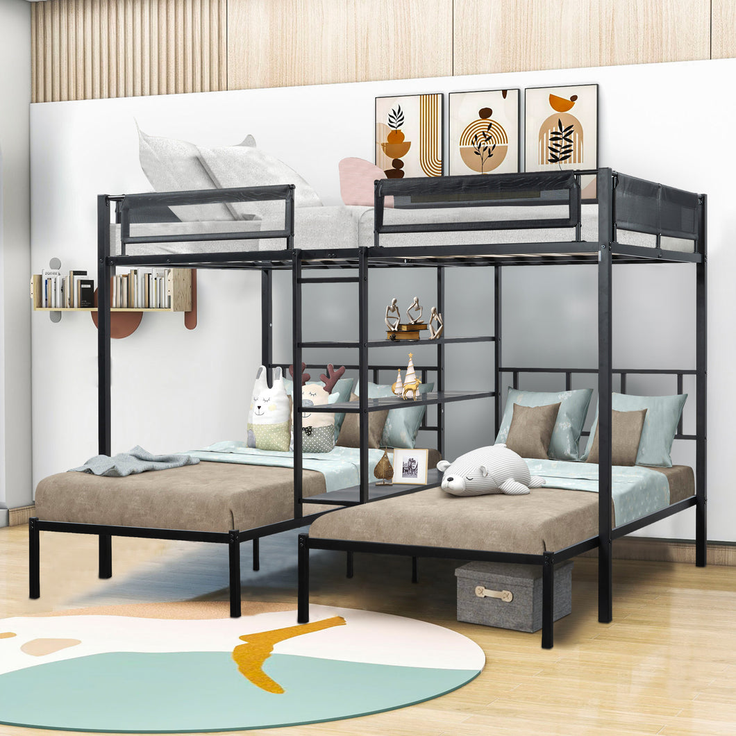 iRerts Triple Bunk Beds for Kids Adults, Metal Full over Twin over Twin Bunk Bed with Built-in Shelf, Triple Bunk Bed Frame with Headboard and Safety Guardrail,  3 in 1 Bunk Bed for Bedroom, Black