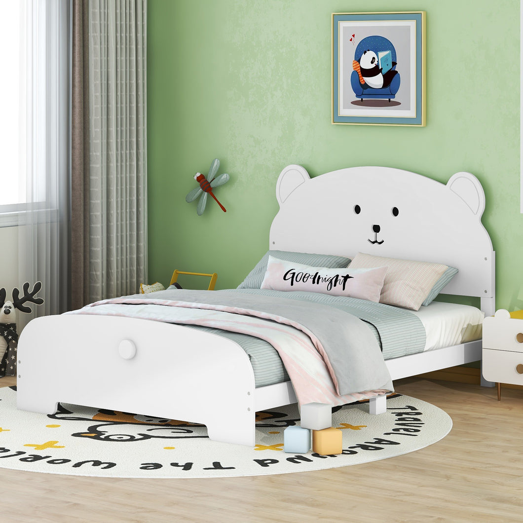iRerts Full Bed Frame for Kids Boys Girls, Wood Full Platform Bed Frame with Bear-shaped Headboard and Footboard, Bed Frame Full Size with Slats Support, No Box Spring Needed, White