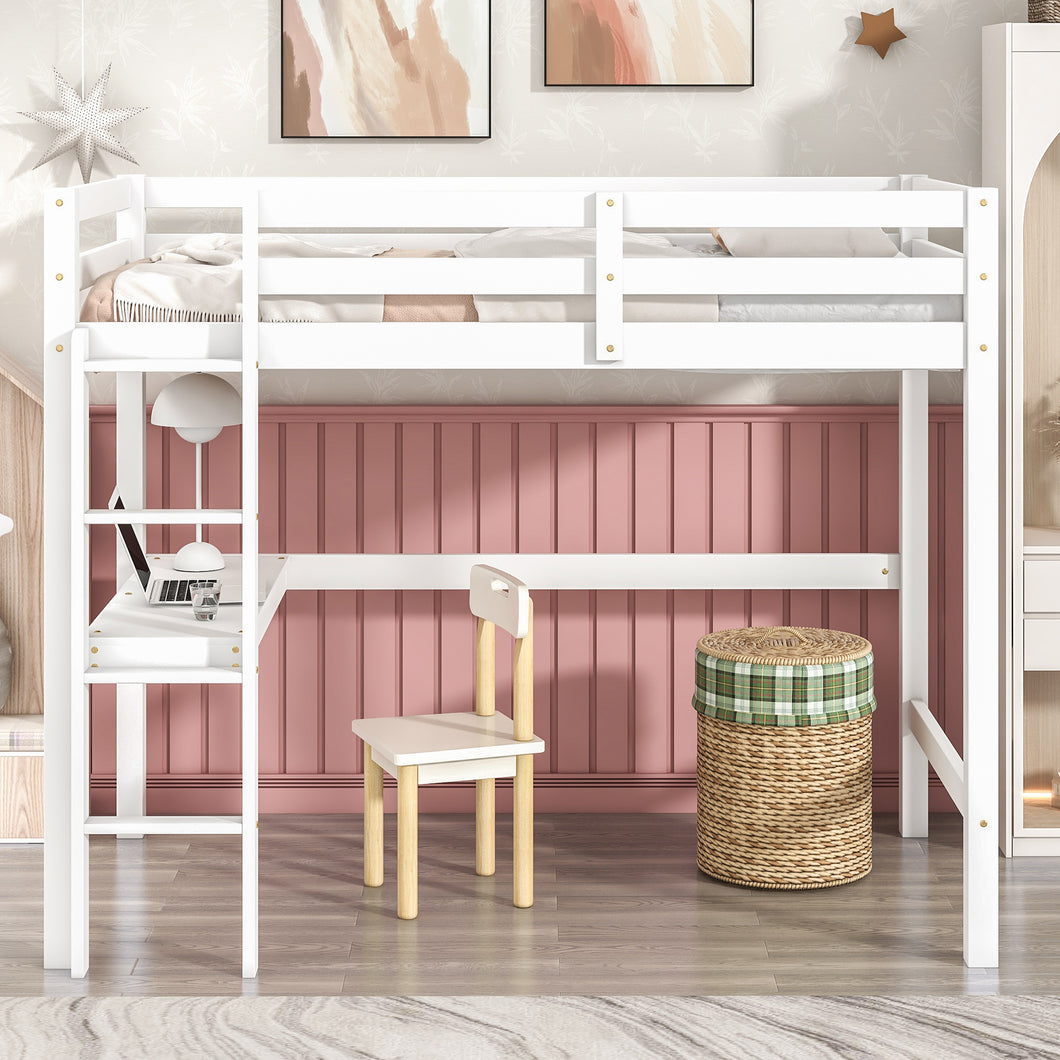 iRerts Twin Loft Bed Frame for Kids Boys Girls, Modern Twin Wood Loft Bed with Desk, Kids Twin Loft Bed with Ladder and Guardrail, No Box Spring Needed, Twin Size Loft Bed for Bedroom Apartment, White