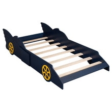 Load image into Gallery viewer, iRerts Race Car Shaped Twin Bed Frame, Wood Twin Platform Bed Frame for Kids Toddlers, Children Twin Size Platform Bed with Wheels, Wooden Slats, No Box Spring Needed, Blue/Yellow
