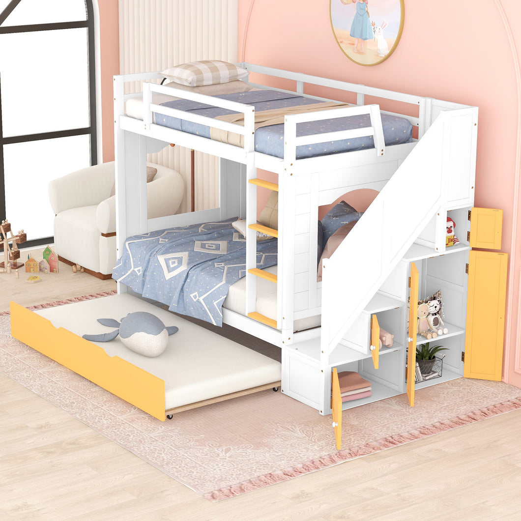 iRerts Wood Bunk Bed Twin over Twin , Modern Twin Over Twin Bunk Bed with Trundle, Storage Cabinet, Stairs and Ladders, Twin Bunk Beds for Kids Teens Adults Bedroom, White/Yellow