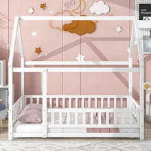 Load image into Gallery viewer, iRerts Floor Full Bed Frame, Wooden Full Size Bed Frame for Girls Boys, Full Bed Frame with House Roof Frame and Fence Guardrails, Toddler House Full Bed Frame for Kids Bedroom Living Room, White

