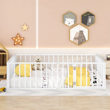 Load image into Gallery viewer, iRerts Queen Floor Bed Frame, Metal Queen Size Montessori Floor Bed Frame with Fence and Door, Kids Toddler Floor Bed Frame Queen Size for Girls Boys, Twin Bed Frame without Bed Slats, White
