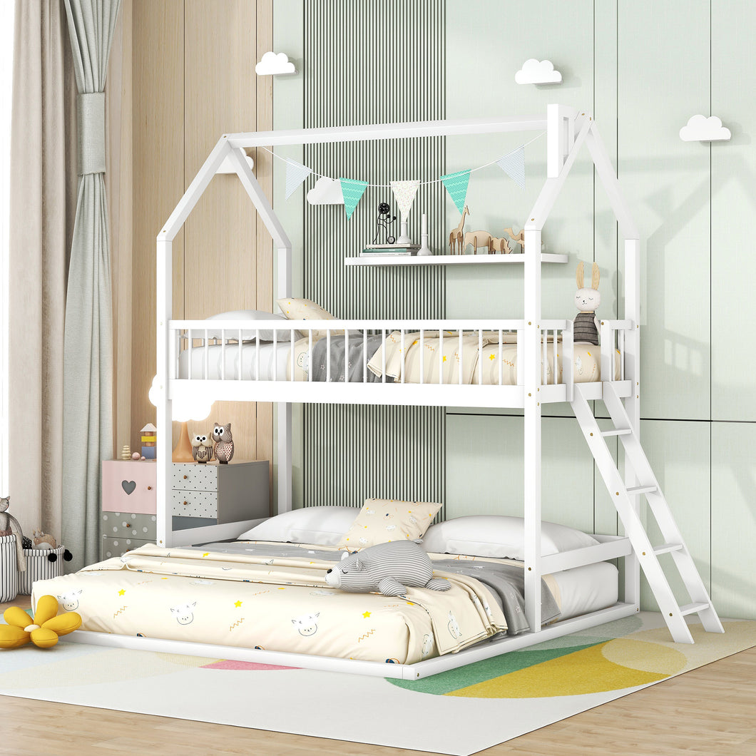 iRerts Twin Over Twin Bunk Bed with Extending Trundle, Wood Bunk Bed Twin Over Twin with Ladder and Roof, Versatility Kids Bunk Bed No Box Spring Needed for Boys Girls Bedroom Furniture, White