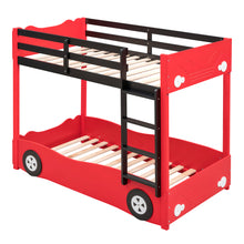 Load image into Gallery viewer, iRerts Wood Twin over Twin Bunk Bed, Car-Shaped Bunk Beds for Kids  Boys Girls, Kids Bunk Beds Twin over Twin with Wheels, Full-Length Guardrail, Ladder, No Box Spring Needed, Red
