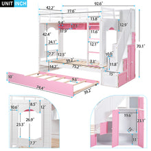 Load image into Gallery viewer, iRerts Twin Over Twin Bunk Bed with Trundle, Solid Wood Bunk Beds Twin over Twin with Storage Cabinet, Stairs and Ladders, Twin Bunk Beds for Kids Teens Bedroom, White/Pink
