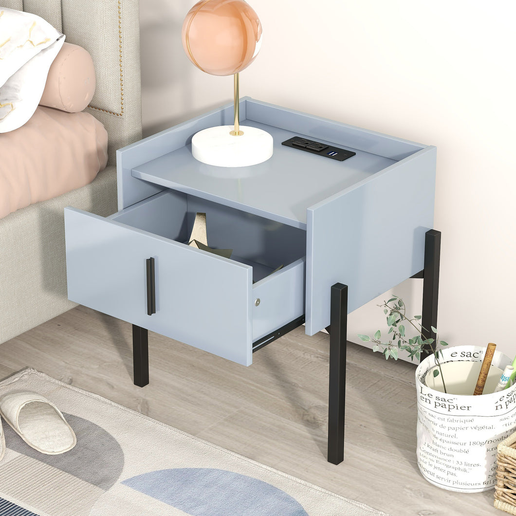iRerts Side Table with Charging Station, Wood Nightstand with Drawer, USB Charging Ports and Black Handle, Modern Storage Bedside Table End Table for Bedroom Living Room, Blue