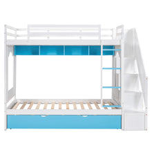 Load image into Gallery viewer, iRerts Twin Over Twin Bunk Bed with Trundle, Solid Wood Bunk Beds Twin over Twin with Storage Cabinet, Stairs and Ladders, Twin Bunk Beds for Kids Teens Bedroom, White/Blue
