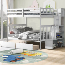 Load image into Gallery viewer, iRerts Full Over Full Bunk Bed, Wood Bunk Beds Full over Full with 2 Drawers and Staircases, Convertible into 2 Beds, Bunk Beds for Kids Teens Adults, Bunk Bed for Bedroom, No Box Spring Needed, White
