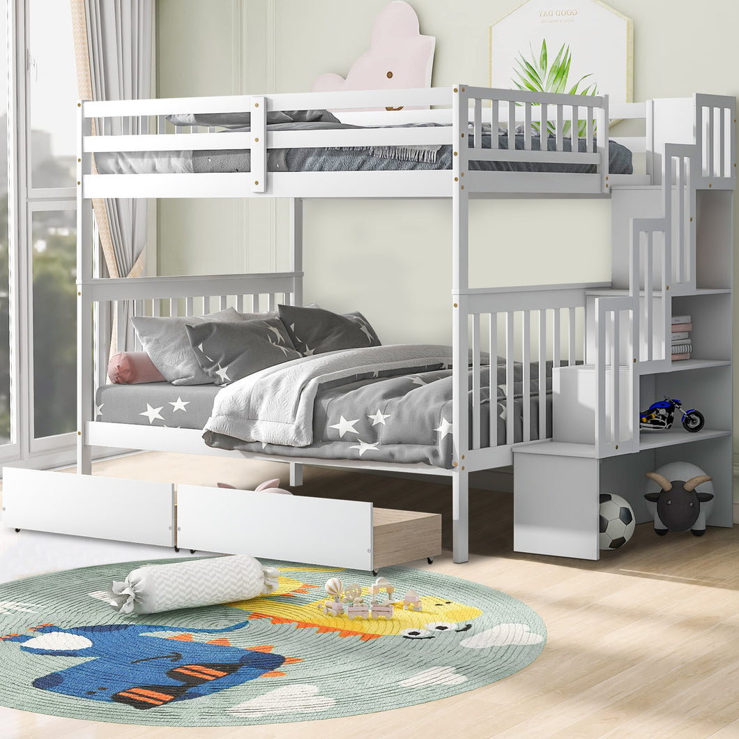 iRerts Full Over Full Bunk Bed, Wood Bunk Beds Full over Full with 2 Drawers and Staircases, Convertible into 2 Beds, Bunk Beds for Kids Teens Adults, Bunk Bed for Bedroom, No Box Spring Needed, White