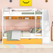 Load image into Gallery viewer, iRerts Full Over Full Bunk Bed with Trundle, Solid Wood Bunk Beds Full over Full with Storage Cabinet, Stairs and Ladders, Full Bunk Beds for Kids Teens Bedroom, White/Yellow

