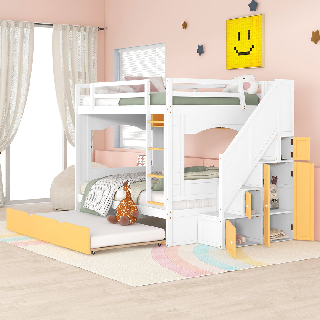 iRerts Full Over Full Bunk Bed with Trundle, Solid Wood Bunk Beds Full over Full with Storage Cabinet, Stairs and Ladders, Full Bunk Beds for Kids Teens Bedroom, White/Yellow