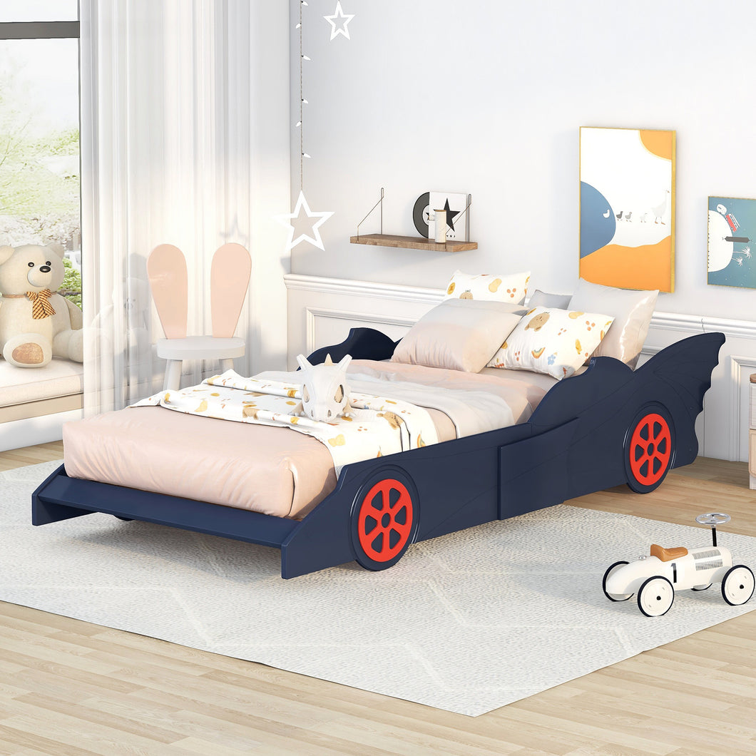 iRerts Race Car Shaped Twin Bed Frame, Wood Twin Platform Bed Frame for Kids Toddlers, Children Twin Size Platform Bed with Wheels, Wooden Slats, No Box Spring Needed, Blue/Red