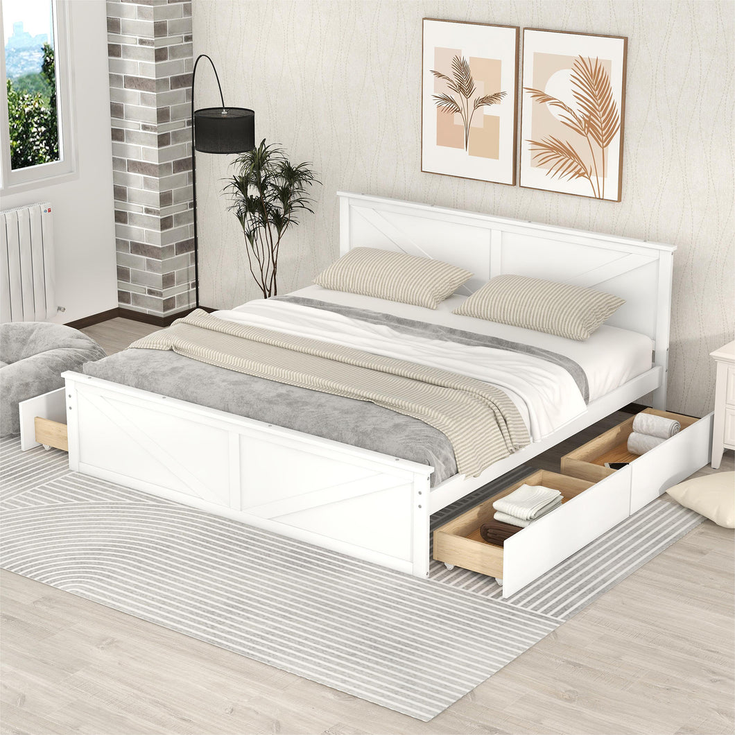 iRerts King Platform Bed Frame with 4 Storage Drawers, Wood King Bed Frame with Headboard, Slats Support and Support Legs, Modern Bed Frame King Size for Bedroom, No Box Spring Needed, White