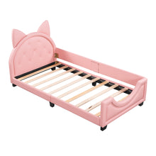 Load image into Gallery viewer, iRerts Twin Bed Frame, Cute Twin Size Upholstered Daybed with Cartoon Ears Headboard, Wood Daybed Platform Bed Frame for Kids Teens, Twin Platform Bed for Bedroom, No Box Spring Needed, Pink
