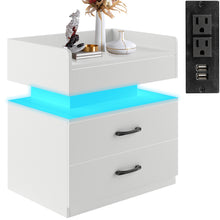 Load image into Gallery viewer, iRerts Side Table with Charging Station, Wood Nightstand with Drawers and LED Lights, Bedside Table with Plug Outlets, 2 USB Ports, Modern End Side Table for Bedroom Living Room Office, White

