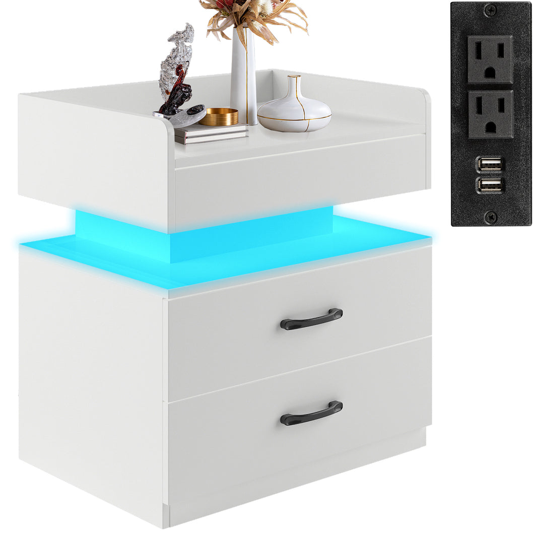 iRerts Nightstand for Bedroom, Wood End Side Table with Charging Station, USB Ports, 16 LED Lights, 2 Storage Drawers, Modern Bedside Table LED Nightstand for Bedroom Living Room, White