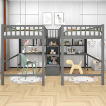 Load image into Gallery viewer, iRerts Twin Loft Bed Frame, Modern Twin &amp; Twin Size Loft Bed with 2 Built-in Desks and Guardrail, Wood Loft Bed with Shelves and Storage Staircase, Twin Loft Bed for Kids Teens Adult Bedroom, Gray
