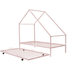 Load image into Gallery viewer, iRerts Twin Size House Platform Bed Frame with Trundle, Twin Metal Bed Frame for Kids Boys Girls, House Platform Bed frame Twin with Metal Slats, Kids Twin Bed Frame No Box Spring Needed, Pink
