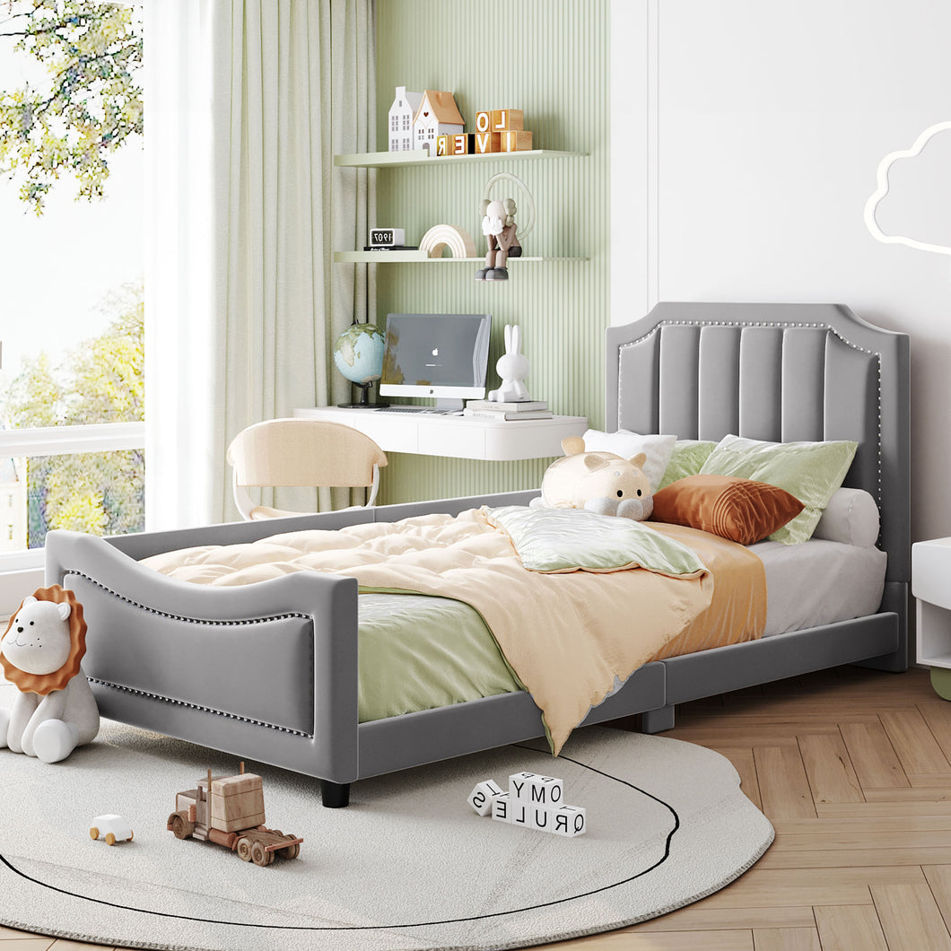 iRerts Upholstered Twin Platform Bed Frame, Velvet Twin Daybed Frame with Classic Stripe Shaped Headboard and Footboard, Wood Twin Size Sofa Bed for Kids Girls Boys, No Box Spring Needed, Gray