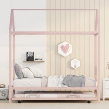 Load image into Gallery viewer, iRerts Twin Size Metal House Bed with Trundle, Kids Twin Bed Frame with Roof and Metal Slats, Twin Size Platform Bed Frame for Kids Bedroom, No Box Spring Needed, Pink
