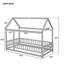 Load image into Gallery viewer, iRerts Floor Twin Bed Frame, Wooden Twin Size Bed Frame for Girls Boys, Twin Bed Frame with House Roof Frame and Fence Guardrails, Toddler House Twin Bed Frame for Kids Bedroom Living Room, Gray
